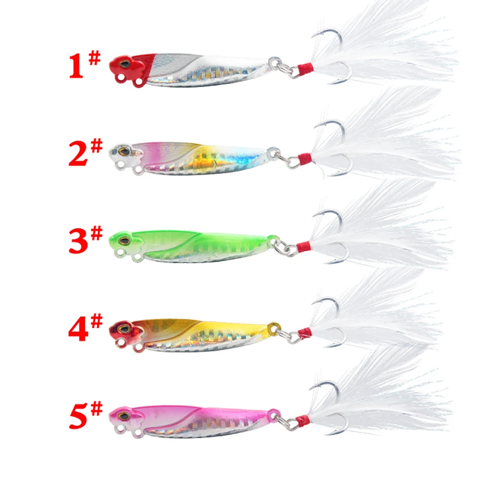 KoKossi 1Pcs 10.7G/15.8G/20.4G Fishing Lures VIB Metal Jig Hard Bait Spinner Spoon 3D Eyes Sinking Feather Hook Fishing Tackel