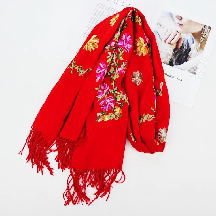 Luxury Brand Scarf Thick Winter Women Scarf Warm Cashmere Flower Embroidery Tassel Shawl Wrap Blanket Hijab Lady Scarf Pashmina