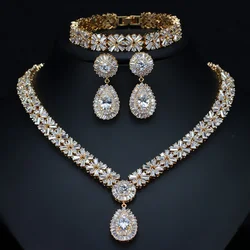 CWWZircons Exclusive Dubai Gold Plate Jewellery Luxury Cubic Zirconia Necklace Earring Bracelet Party Jewelry Set for Women T053