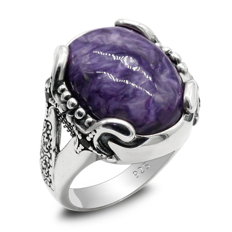 

925 Sterling Silver Men's Ring with Natural Purple Dragon Stone Ring Thai Silver Simple Men's Women's Turkish Jewelry Designs