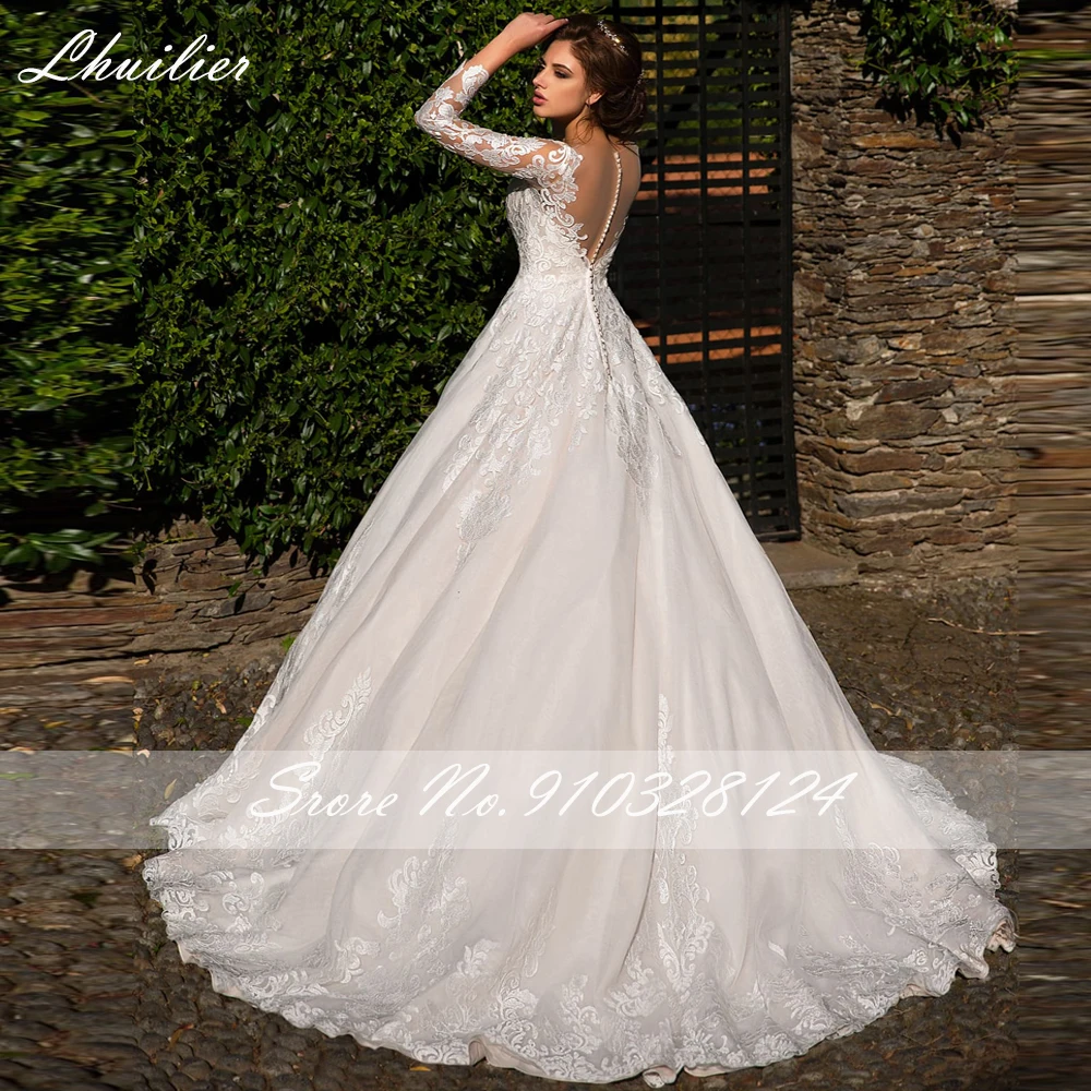 Lhuilier-Vestidos de Novia de encaje con cuello transparente, manga completa, longitud hasta el suelo, ilusión trasera, tren de barrido