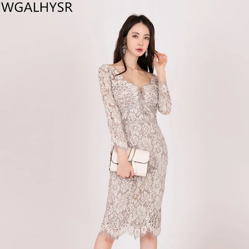 

2024 Spring Korean Edition Temperament Lace Dress Women Crochet Flower Hollow Out Pencil Vestidos Casual Office Dresses