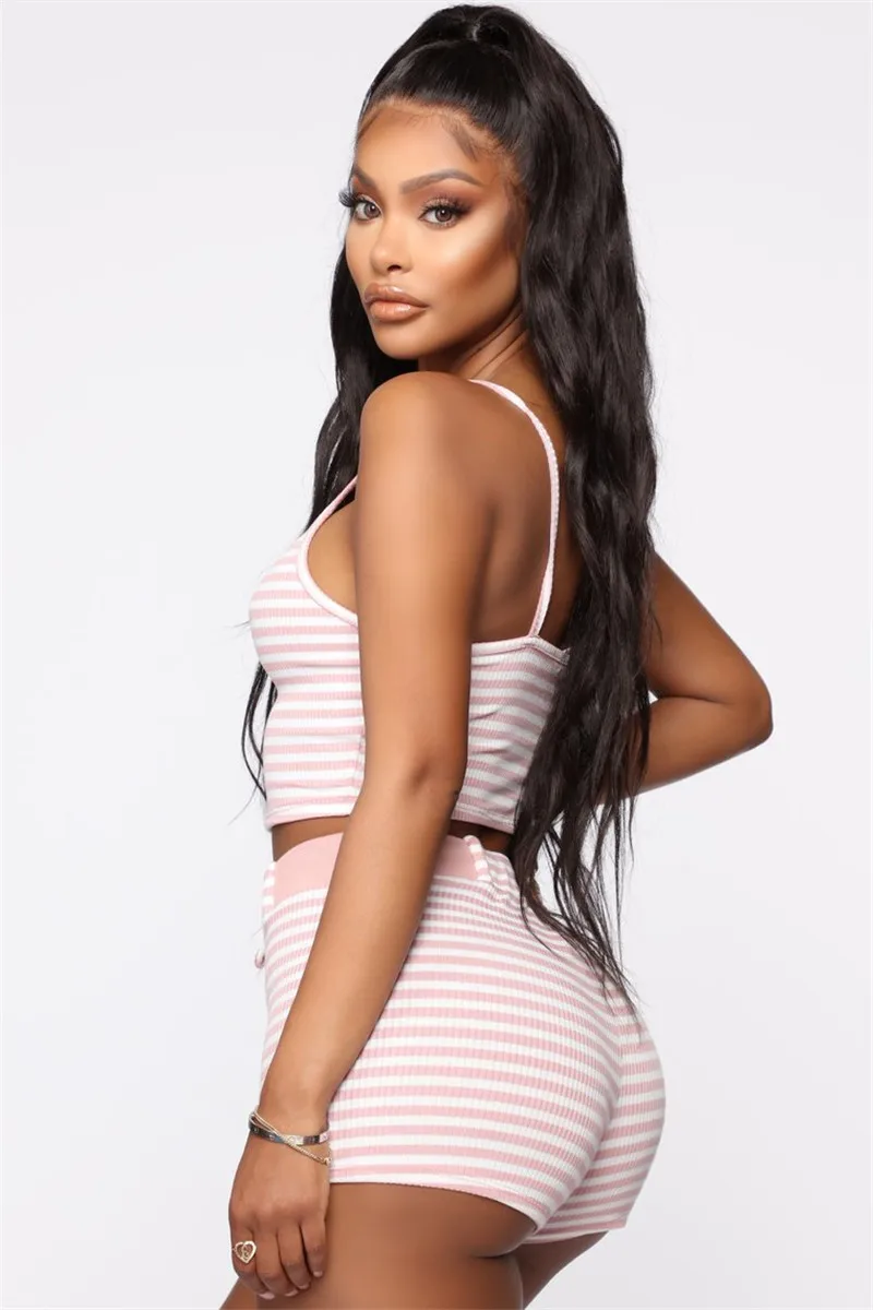 Women 2pcs Set Striped Slim Pajama Set Sleepwear Sexy Sleeveless Strap Crop Top Shorts Set Night Wear Homewear Pajama Sets 2020