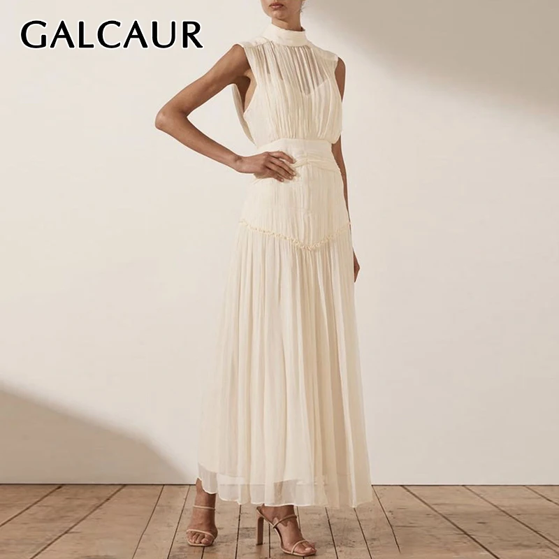 GALCAUR Elegant Dress For Women Stand Collar Sleeveless High Waist Skinny Ruched Party Dresses Female 2025 Autumn Clothing