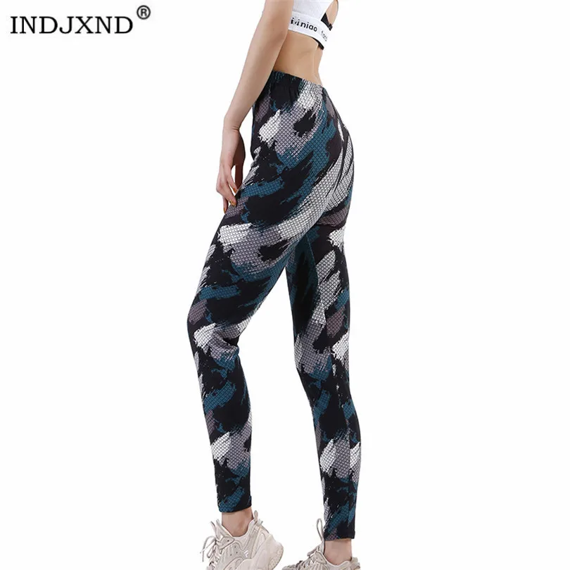 INDJXND wysokiej talii Fitness legginsy kobiety trening Push Up kamuflaż wzór wężowy moda stałe kulturystyka spodnie typu Jeggings