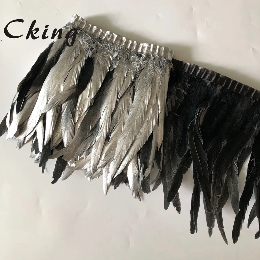 15-20cm 6-8Inches Chicken Feather Trims Pack Of 2 Meters Silver Paint Spray Coque Feathers Fringes Sewing On Ribbon Natural Lace