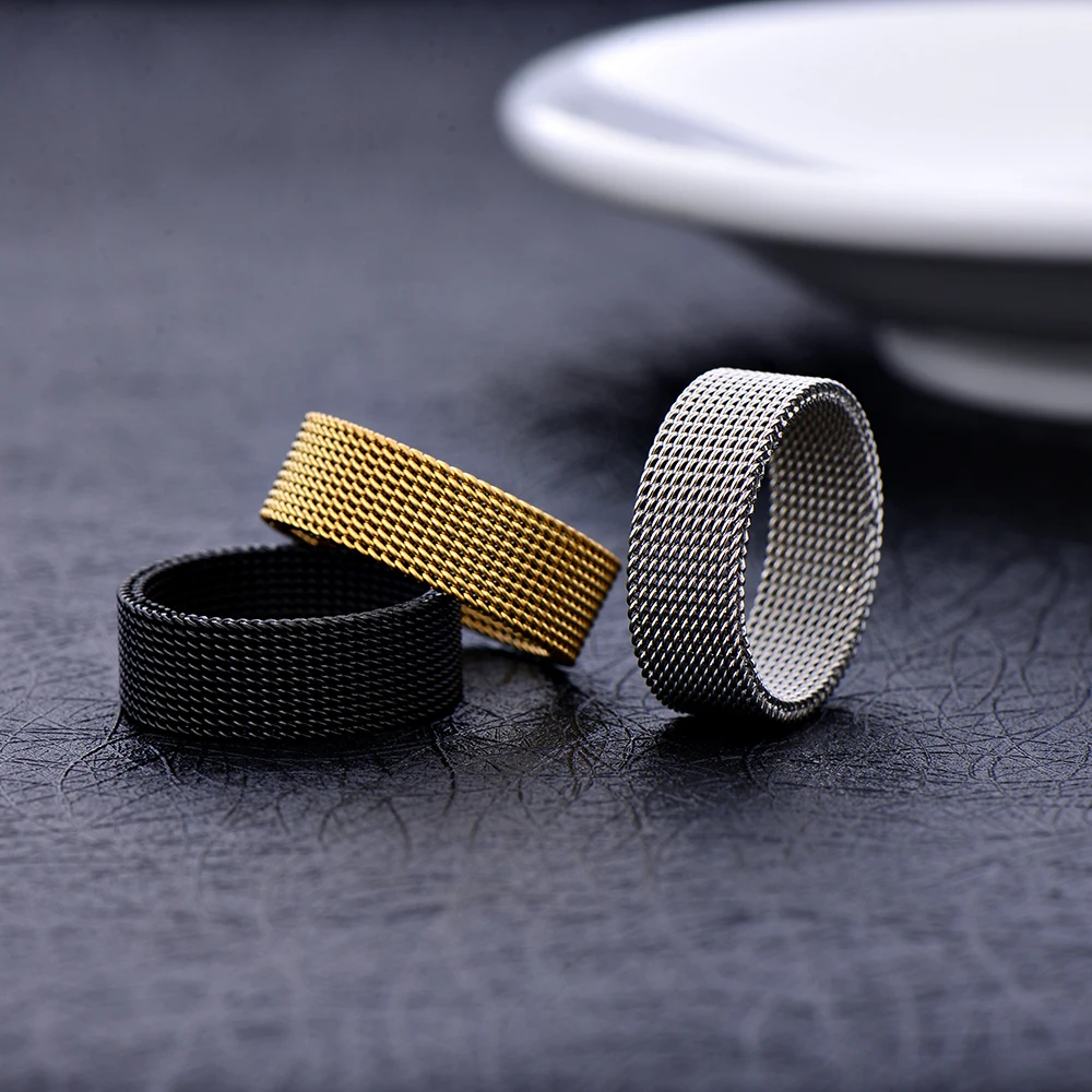 Hot sale width 8MM stainless steel gold black color mesh finger ring fashion jewelry for men and women Size 7-10# drop shipping