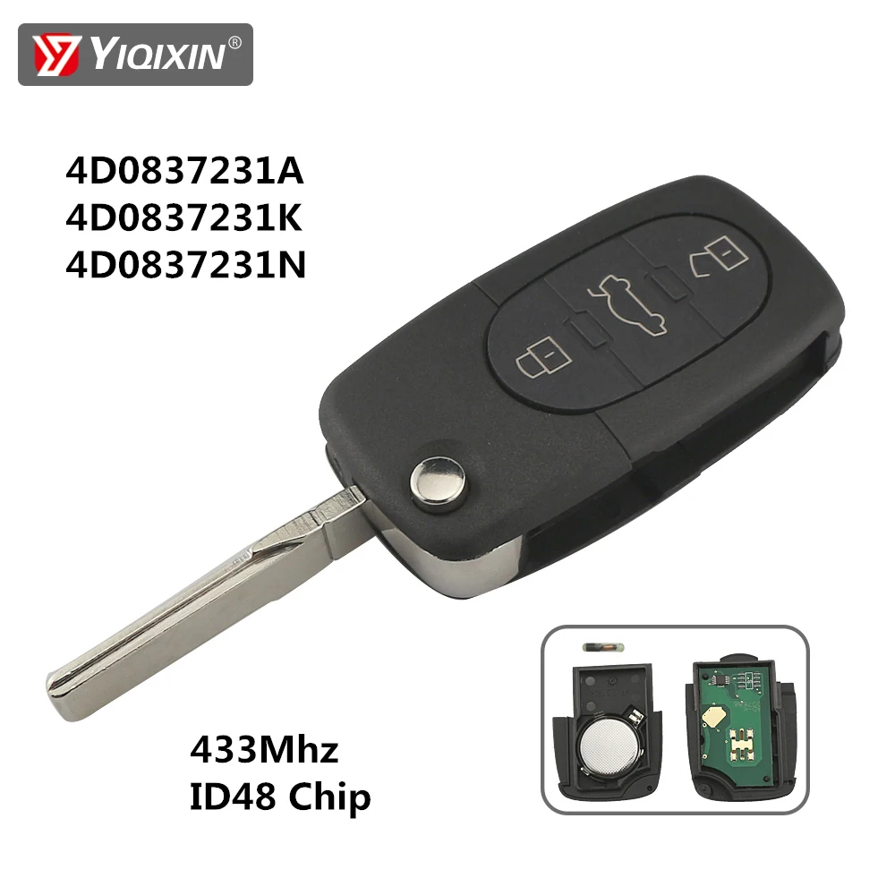 YIQIXIN 3 Button For Audi A3 A4 A6 A8 B5 TT RS4 Quattro 1994-2004 Remote Car Key Old Models 433Mhz ID48 Chip HU66 Blade Flip Key