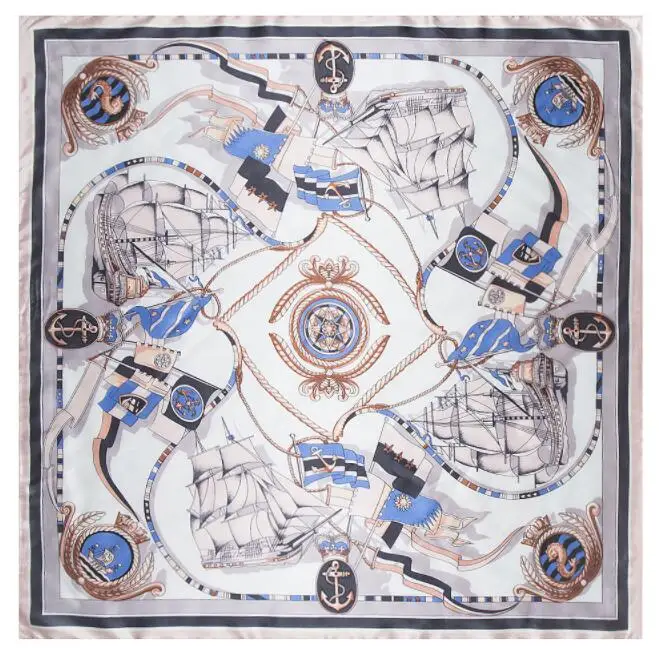 90*90cm Luxury Brand Women Silk Scarf Hand Drawing Sailing Boat Design Square Scarves Spring Summer Shawls For Ladies