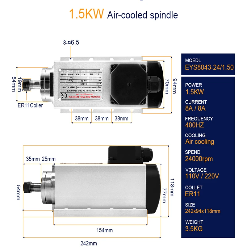 1.5kw 2.2kw spindle motor 24000rpm Air Cooled Spindle 380/220V+HY VFD Inverter+1set ER11 ER20 Collet for CNC milling machine