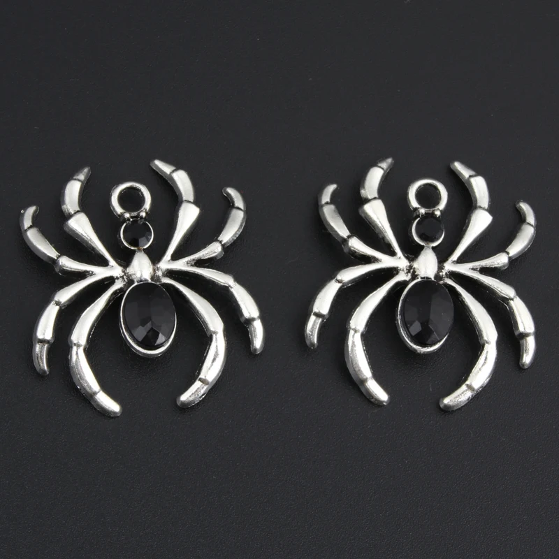 5pcs Silver Color 31x27mm Black Beads Spider Charms Araneid Animal Pendant Halloween Gift Fit DIY Handmade Metal Punk Jewelry