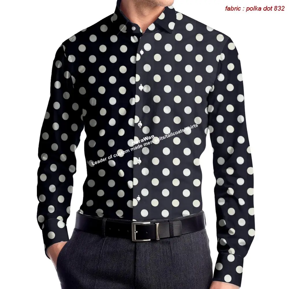 Midnight Blue Polka Dot Dress Shirt Tailor Made Polka Dot Men Dress Shirts ,Fashion Dark Navy Men Dress Shirt,Dotted Style Shirt