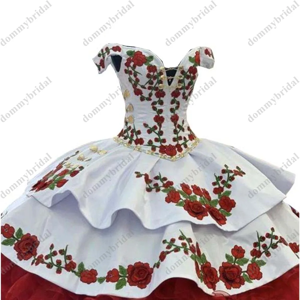 2023 modesto vermelho e branco 2 em 1 inchado vestido de baile quinceanera vestidos botões de ouro flores florais duas peças vestido de festa de formatura xv