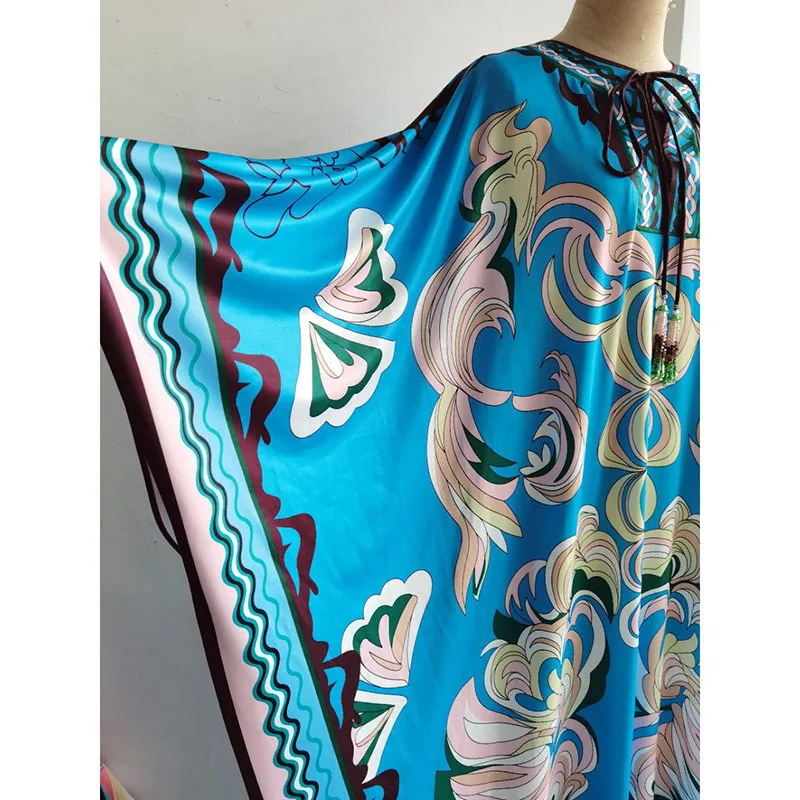 Luxury Designer Inspired Women Summer Silk Kaftan Bohemian Oversize Loose Long Maxi Blue Dress