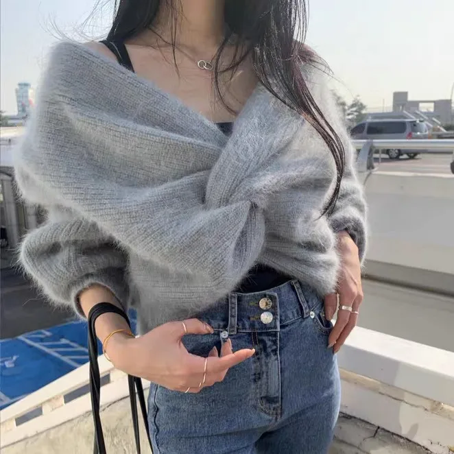 JSXDHK Korean Fashion Cross Sexy Deep V Neck Knitted Sweater Tops Autumn Women Mik Cashmere Girls Reversible Soft Warm Pullovers