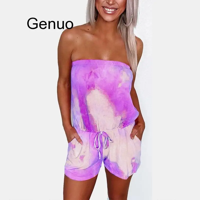 Tie-Dye Cetak Strapless 2020 Wanita Playsuit Jumpsuit Musim Panas Kasual Overall Streetwear Seksi Tanpa Lengan Rompers Pakaian Terusan Pesta