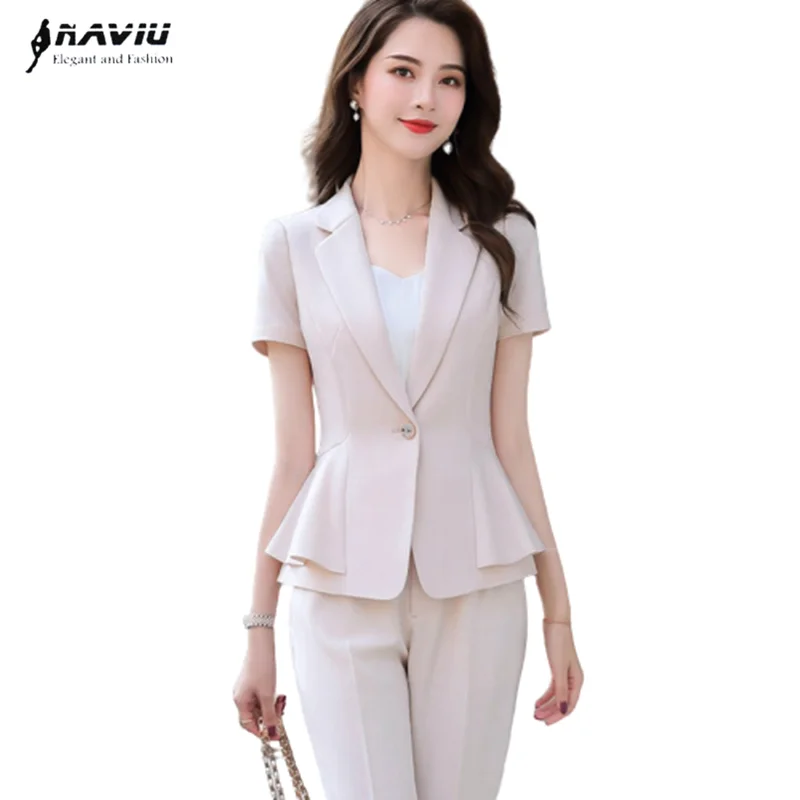 Fashion Women Pants Suit New Summer Business Formal Slim Short Sleeve Blazer and Trousers Office Ladies Work Wear