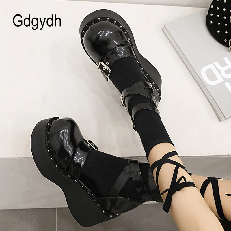 Gdgydh Dark Gothic Shoes Platform Pumps Women Belt Buckle Ankle Strap Metal Decoration Wedge Heel Female Footwear Gothicgirls