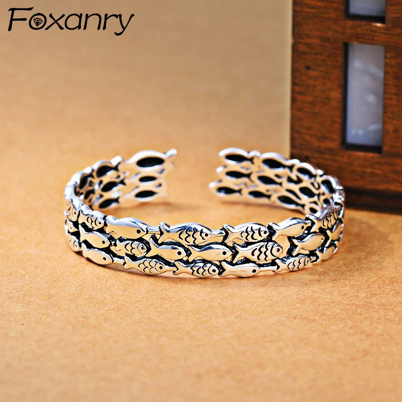 Foxanry Silver Color Charm Cuff Bracelet for Women Couples Thai Silver Fine Jewelry Vintage Cute Fishs Party Accessories