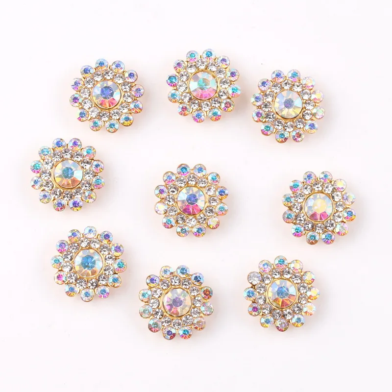 14mm Blumenförmige runde Glaskristall-Strasssteine mit goldener Basis, flache Rückseite zum Aufnähen, Strassperlen, DIY-Verzierung – Detail 9