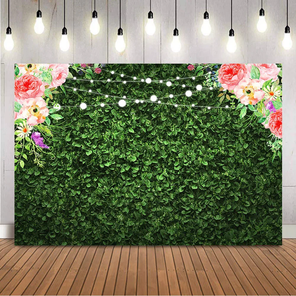 Green Grass Floral Backdrop Baby Shower Birthday Party Decoration Green Leaves White Lights Photo Backdrop Props Pink Flowers