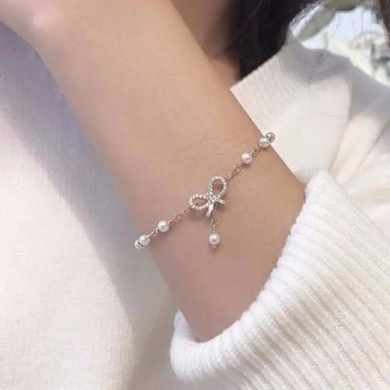 New Hot Selling Fashion Sweet And Beautiful Crystal Bow Knot Pearl Water Diamond Women\'s Bracelet With Ornaments Party Gifts