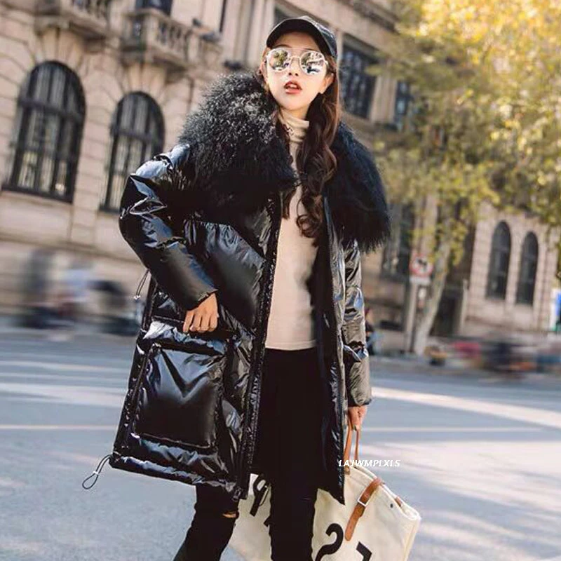 2022 Winter Down Jacket Women 90% White Duck Down Coat Parkas Patent Leather Glossy Outwear Real Lamb Fur Collar Thick Coat Y192