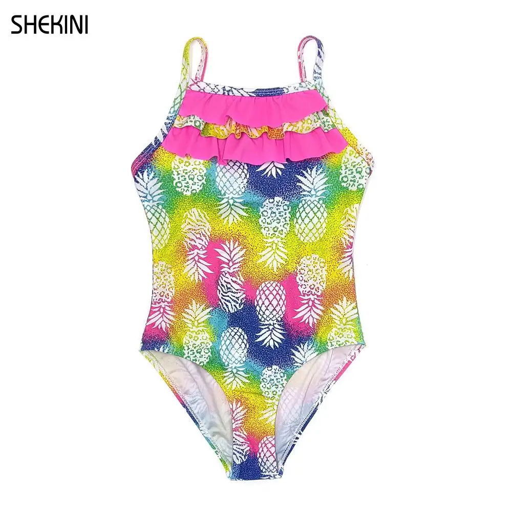 SHEKINI Gril's One Word Collar Printing One Piece Swimsuits Teen Cute Ruffle Trim Bathing Suit Teenage Girls Bikini Beachwear