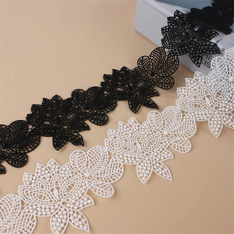 7cm Wide Embroidered Lotus Pattern Lace Fabric Black White Beautifully Floral Lace Trimming DIY Crafts Sewing for Wedding Dress