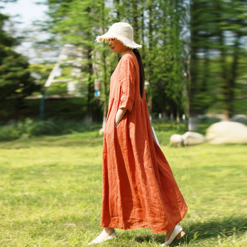 

LZJN - Women's Long Sleeve Maxi Dress with Pockets, Long Shirt Dress, Linen, Front Button Design, Ideal for Spring and Summer.
