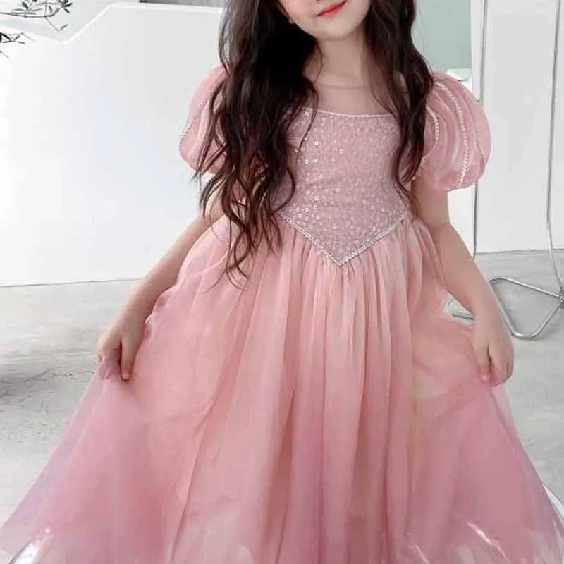 Fall Autumn Girls\'  Princess Dress Puff Sleeves Birthday Dress Sequins Shiny Outfits Performance Costume Kids Children\'S Clothes