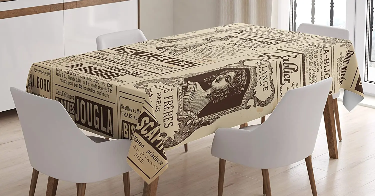 Paris Tablecloth Vintage Old Historic Newspaper Journal French Paper Lettering Art Design Dining Room Kitchen Rectangular