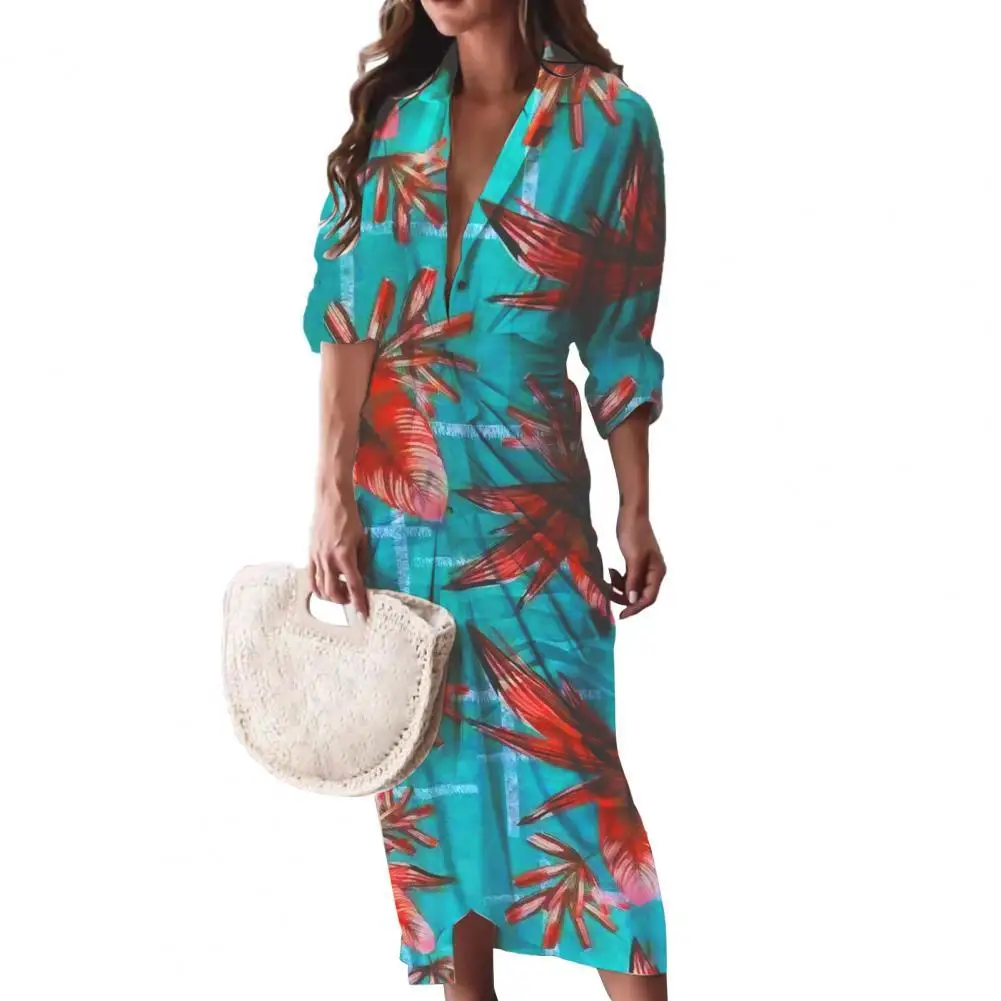 

Shirt Dress Bohemia Print Satin Surface Dress Long Autumn Single-breasted Lace-up Beach Maxi Dresses for Women Travel