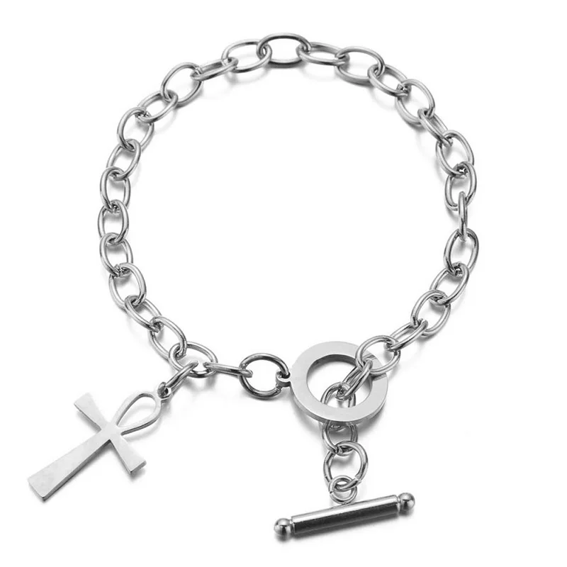 Stainless Steel Chain Ankh Charm Bracelet For Women Men Cross OT Buckle Toggle Bracelet Egyptian Jewelry