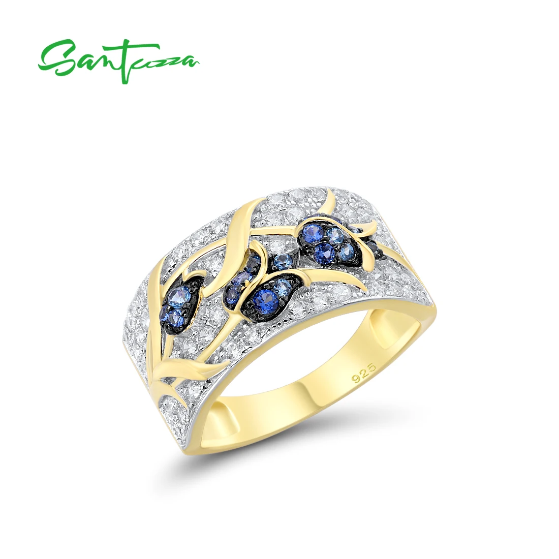 SANTUZZA Genuine 925 Sterling Silver Rings For Women Sparkling Blue Spinels White CZ Tulip Flower Gold Color Ring Fine Jewelry