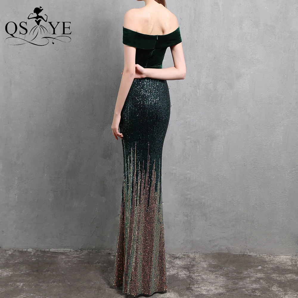 QSYYE vestido de noche de terciopelo verde esmeralda, traje largo con hombros descubiertos de sirena, lentejuelas desteñidas, elegante, parte inferior dorada, vestido de fiesta Formal