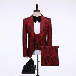 Costume Homme 2023 New 3 Piece Red Suit Men Terno Masculino Jacquard Men Suits Tuxedo Prom Party Suits Floral Wedding Groom Suit