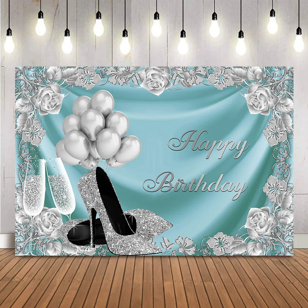 

Blue Birthday Backdrop Sliver Flowers High Heel Champagne Photo Background Studio Photocall Glitter Balloons Adult Theme Banner