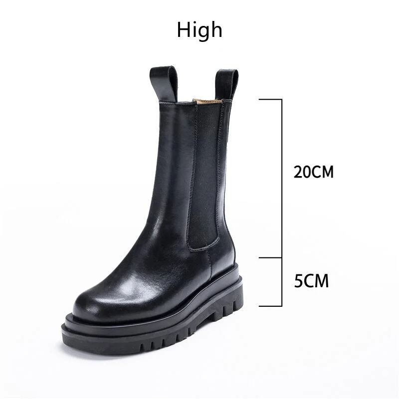 Bottes à plateforme en cuir véritable pour femmes, bottines en cuir de vachette, bottines noires pour femmes, mode printemps, automne, 2022