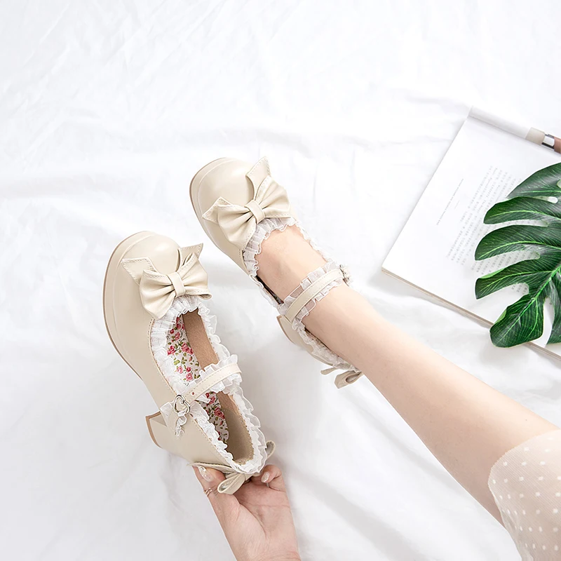 Zapatos de boda de novia de encaje con lazo y volantes de Lolita para niñas, vestido de princesa con borde de tacón alto para hombres, rosa, de