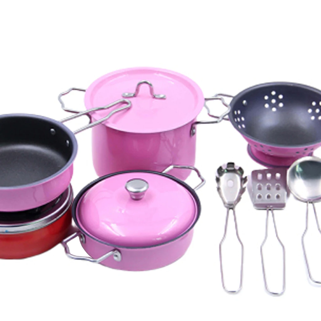 Rosa 11 stücke Kid Pretend Spielen Edelstahl Kochen Kochgeschirr Küche Spielzeug Set