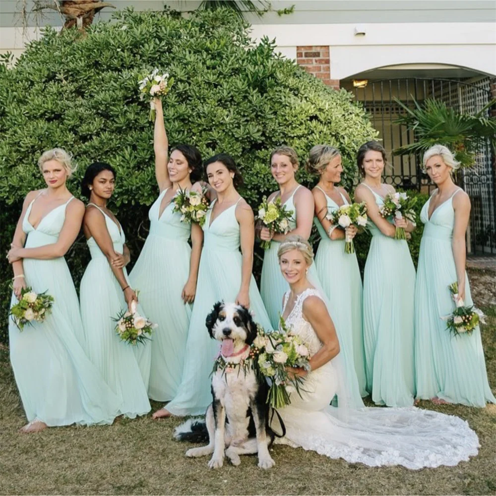 Vestido de dama de honor verde menta, línea A, tirantes finos, plisado, sin mangas, longitud hasta el suelo, sencillo, para fiesta de boda, hecho a medida, nuevo