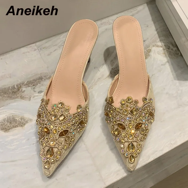 Aneikeh 2024 NEW Spring/Autumn Fashion Women Pointed Toe Pumps PU Thin Heels Retro Appliques Mules Polka Dot Party Slip-On Black