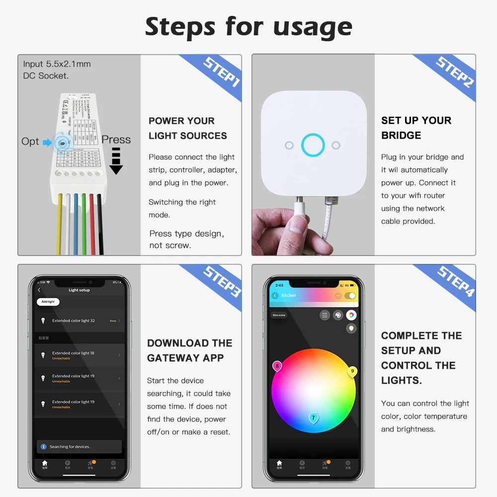 Zigbee 3.0 LED controller 5in1,RGBCCT/RGBW/RGB/ CCT/Dimmer LED Strip Controller Compatible With APP/Voice/2.4G RF Remote Control