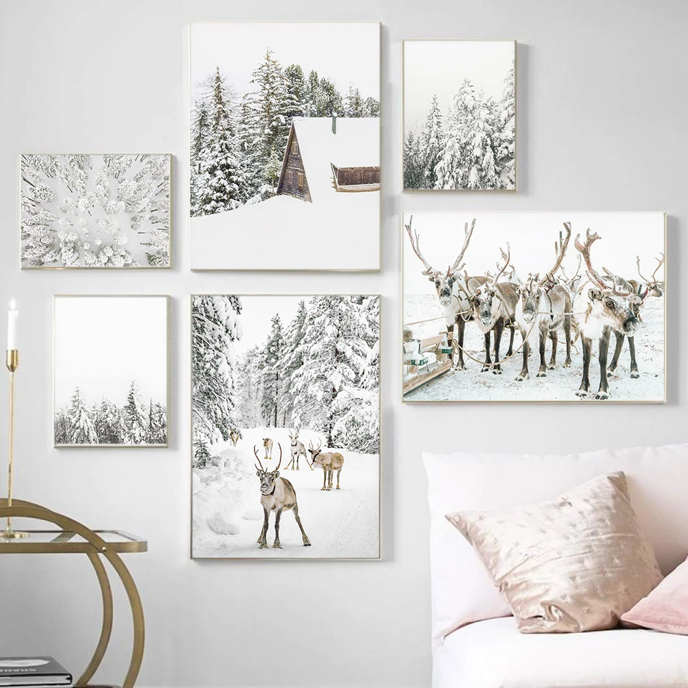 

Scandinavian Poster and Print Winter Nature Landscape Canvas Painting Deer Animal Snow Forest Wall Art Picture Nordic Home Decor