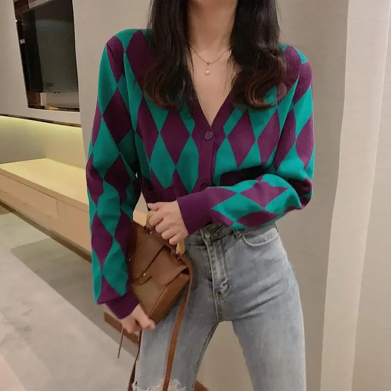 Woman Sweaters Color Matching Plaid Knitted Cardigan Women\'s Clothes Fall 2024 Loose V-neck Femme Chandails Pull Hiver