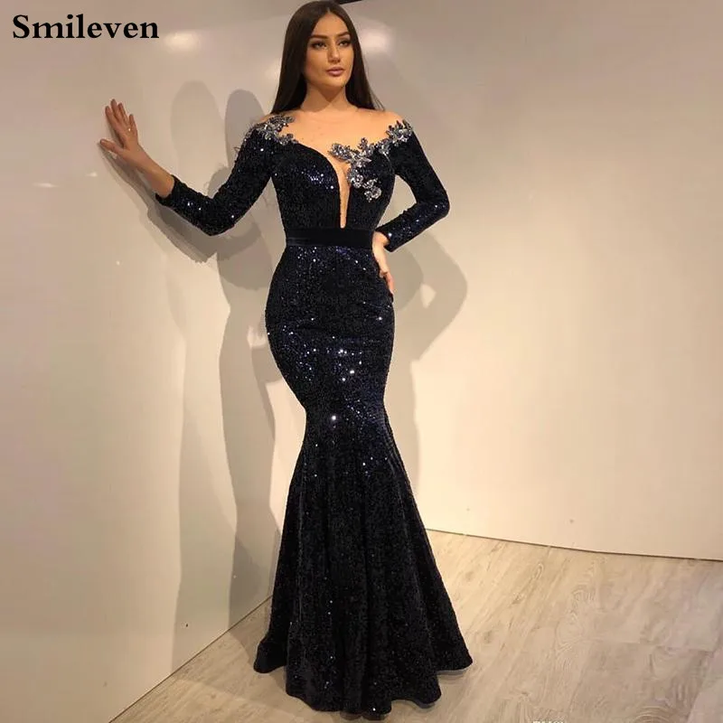 

Smileven Sequins Mermaid Evening Dress Beading Flowers Long Sleeve Formal Dress Party Gown robe de soiree Mermaid Prom Gowns