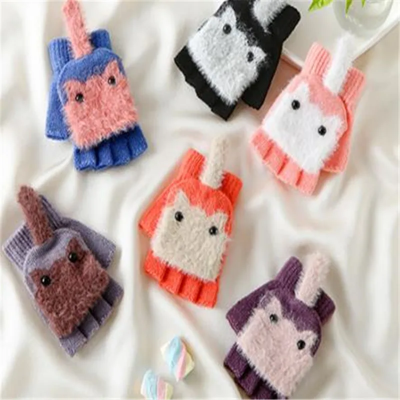 Children's imitation cashmere knitting warm winter cover half gloves cute cartoon flowers students write gloves   ST-054