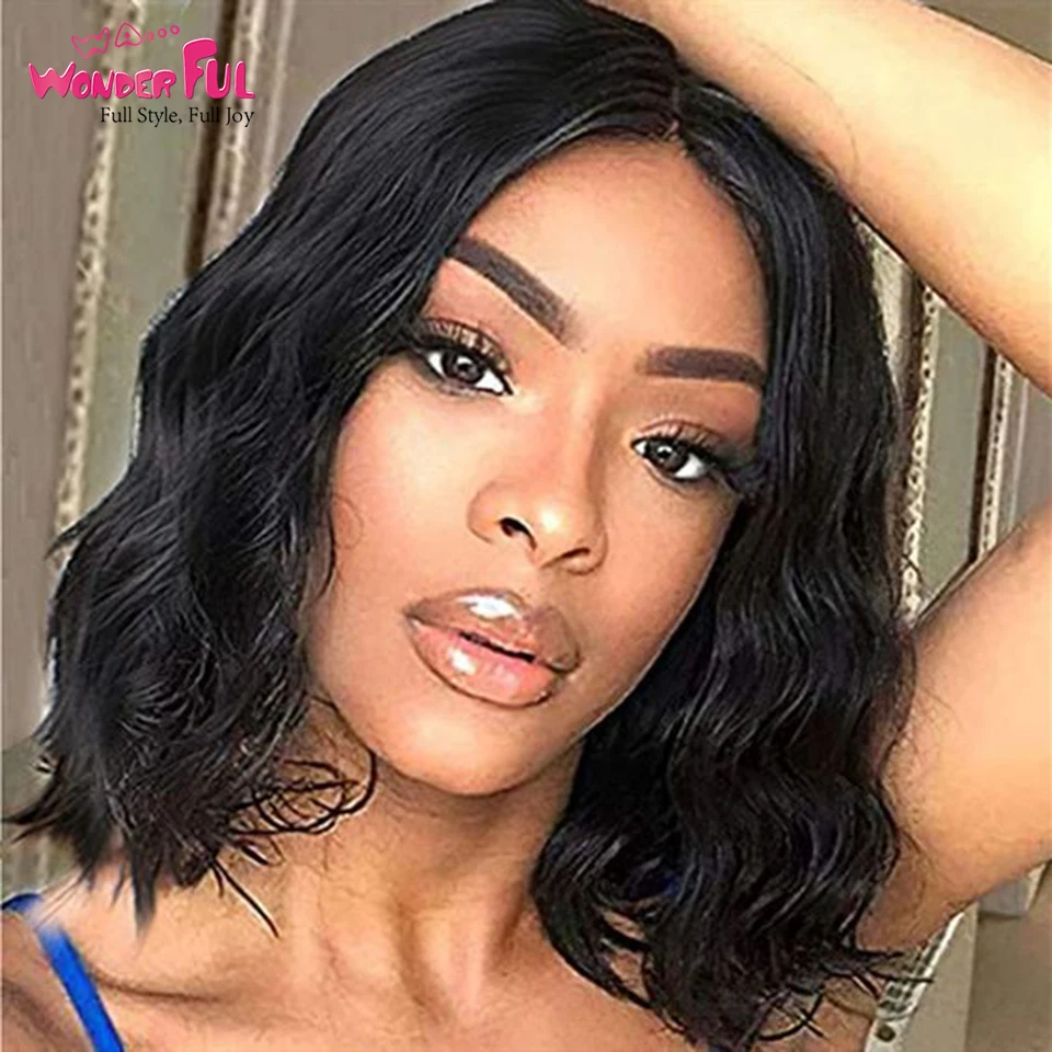 

Wonderful Short Bob Wig Natural Wave Wig Lace Front Wig Human Hair Wigs For Women Part Lace Water Wave Brazilian Remy Hair Black