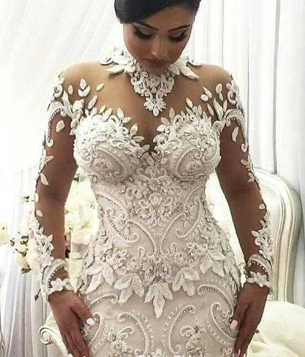 Robe de Mariée Transparente à Manches sulf, Tenue Nigériane, Col Haut, avec des Appliques Perlées, Style Dubaï, Château Arabe, pour les Patients Sirènes, Quelle que soit, Nouvelle Collection 2024